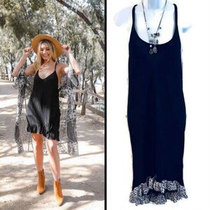 MARRIKA NAKK SLIP DRESS WITH HIGH/LOW LEOPARD RUFFLE TRIM HEM BLACK M